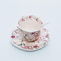 Bone China Tea Cup and Saucer Set with Spoon，Elegant Floral Tea Cup Set (7 oz)，British Coffee Latte Mug for Birthday Party Christmas gift for Friends