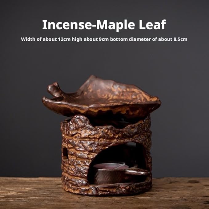Traditional Chinese Ceramic Incense Burner and Tea Warmer, Brown Stone-Like Finish, 3.94x3.15x3.35 Inches, Multi-Purpose Design with Tea Roasting and Aromatherapy Functions (Maple Leaf Style Stove)