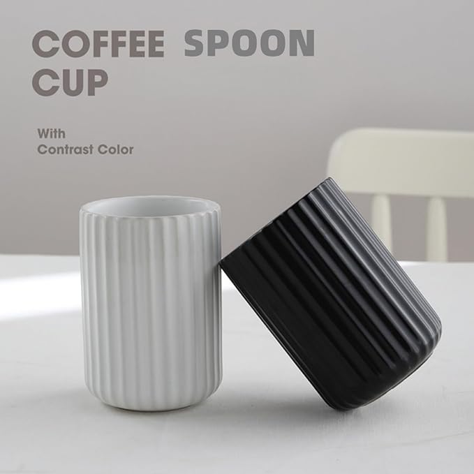 Stoneware Coffee Bar Utensil Holder Tea & Coffee Spoon & Stirrer Holder for Stir Stick Straw Teaspoon Holder Spoon Cup Small Utensil Jar Fluted Vertical Stripe (Pure White)