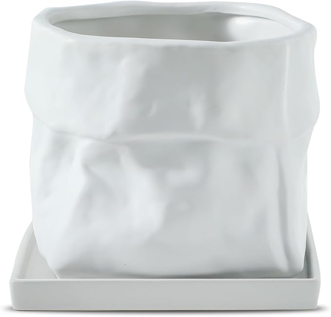 Nihow Ceramic Plant Pot: 8 Inch Planter with Drainage Hole & Square Saucer for Herbs/Plants, Bag Shape Design Flower Pot for Indoor & Outdoor Garden Decor - White