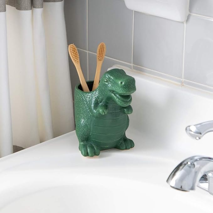 Isaac Jacobs Green Ceramic Dinosaur Cup, Toothbrush Holder, Multi-Purpose Organizer, – Great for Toiletries, Bathroom, Kitchen, Crafts, Desk, Novelty Bathroom Accessory (Single Cup, Green)