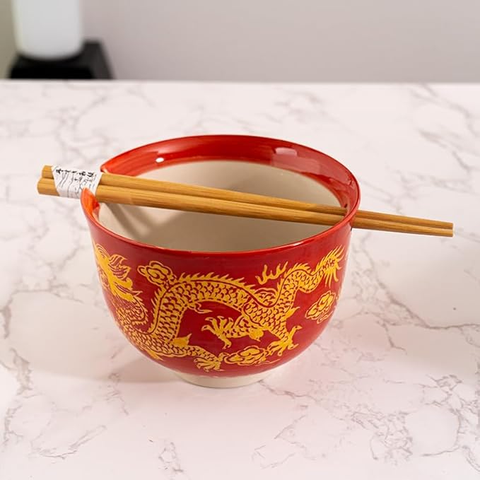 Urban Tokyo Handpainted Ceramic Glazed Japanese Ramen Udon Noodle Rice Bowl With Chopsticks 20 fl oz 5 inch Diameter Bowl Sets Color Box Packaging (Oriental Dragon Red)