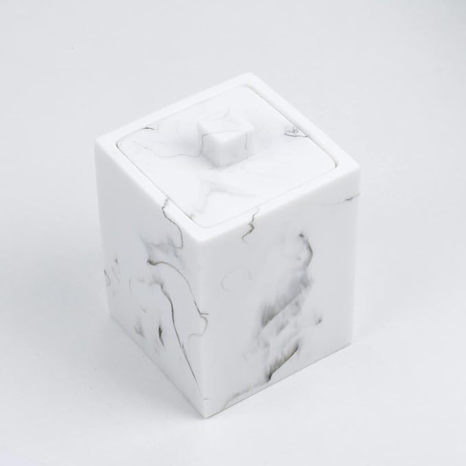 Jung Ford Qtip Holder for Bathroom with Lid – Square Cotton Swab Organizer, Cotton Ball Dispenser, Makeup Pad Container – Marble Look Resin Vanity Storage (White)