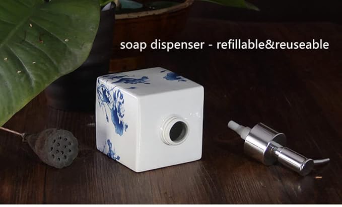 Lotion Soap Dispenser,Ceramic Lotion Soap Dispenser with Pump for Bathroom and Kitchen Office, Vintage Blue and White Porcelain Floral Decorative Liquid Bottle