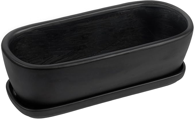 MyGift 14 Inch Oval Modern Matte Black Ceramic Succulent Planter Pot with Drainage Hole and Removable Saucer, Decorative Indoor House Plant Container for Flowers, Cactus, Herbs