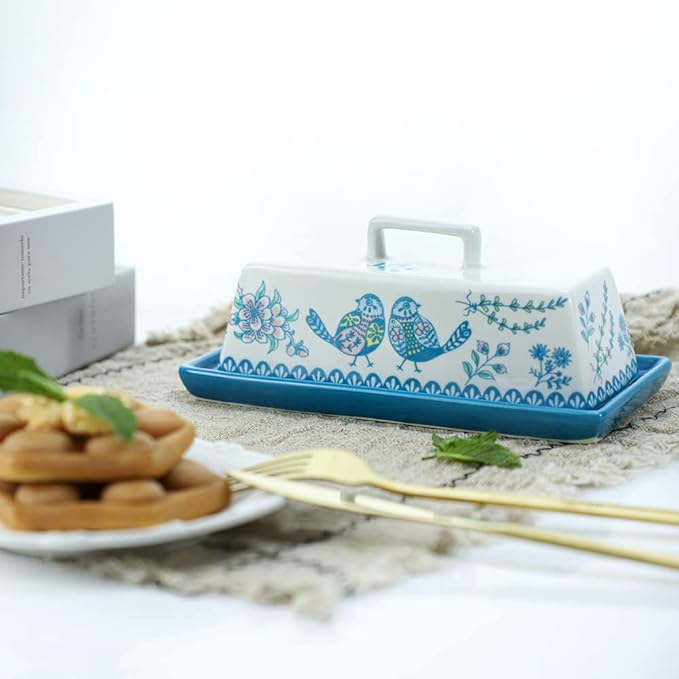 Sizikato Porcelain Butter Dish with Lid, Blue Flower and Bird Pattern-7.5 Inch