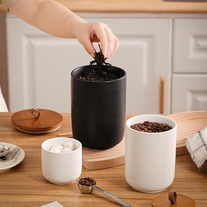 Food Storage Jar Strong Ceramic Storage Canisters with Airtight Wooden Lid,Kitchen Storage Containers for Serving Coffee Beans, Tea, Sugar, Salt, Spices (Little black 9 oz)