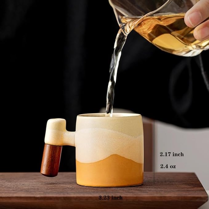 2.4oz Ceramic Espresso Cups Set of 4, Small Coffee Cups with Wooden Handle, Gradient Color Demitasse Cups, Ceramic Tea Cups Gift Box Packaging