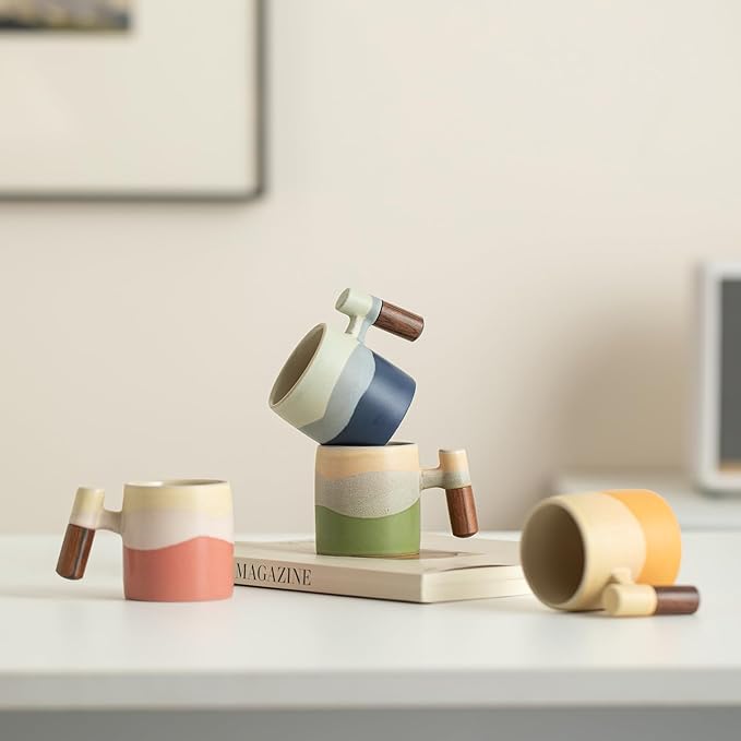 2.4oz Ceramic Espresso Cups Set of 4, Small Coffee Cups with Wooden Handle, Gradient Color Demitasse Cups, Ceramic Tea Cups Gift Box Packaging
