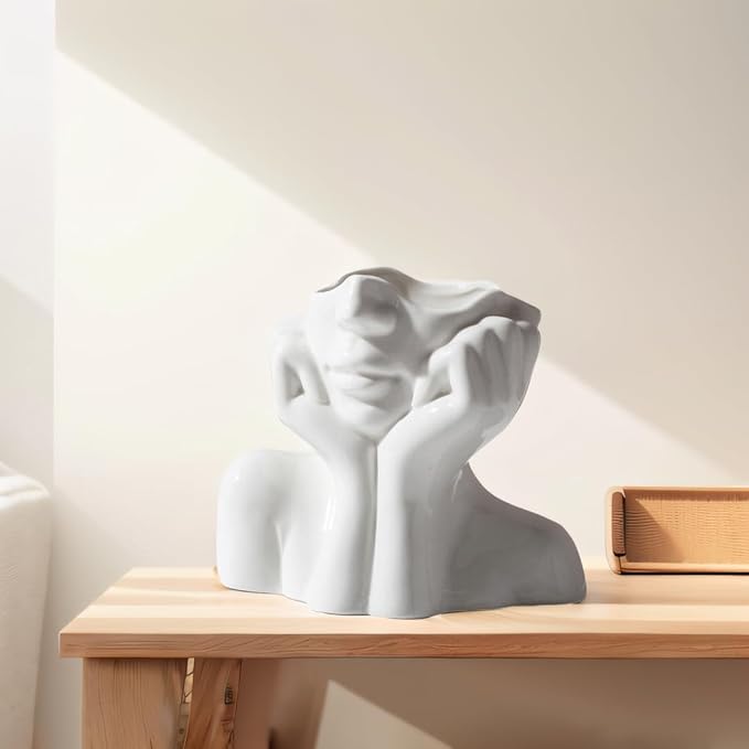 Ceramic Face Vase - Cute Half-Body Female Head Planter for Flowers, Modern Farmhouse Decor - Perfect for Desk, Table & Bookshelf, Home Accent (Large)