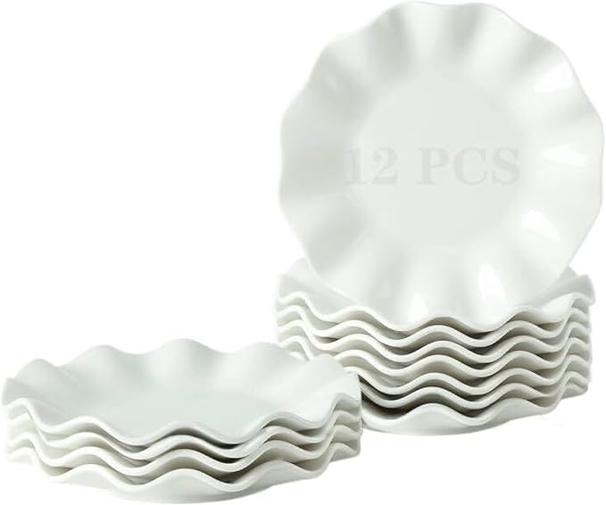 7 Inch Porcelain Small Dinner Plates, Set of 12, White Appetizer Plates, Wave Rim Dessert Salad Plate, Serving Dishes for Cake, Snack, Ice Cream, Waffles, Microwave, Oven, Dishwasher Safe