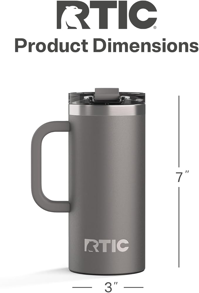 RTIC 16oz Road Trip Travel Mug with Lid and Handle, Ceramic Lined, Insulated, Stainless Steel, Metal, Double Wall Vacuum-Insulation, Portable Coffee, Tea Cup for Hot and Cold Drink, Graphite