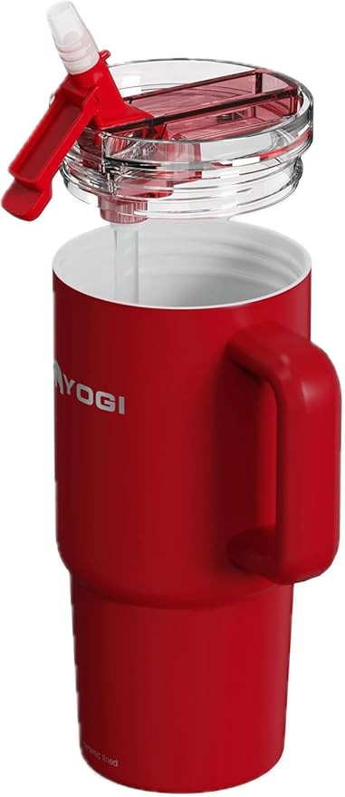 YOGI Ceramic Lined Metal Allergy Safe 24oz Tumbler with Handle and Straw Leakproof Flip & Sip Lid Vacuum Insulated Stainless Steel Travel Cup for Iced Coffee Water and All-Day Hydration 24oz Crimson
