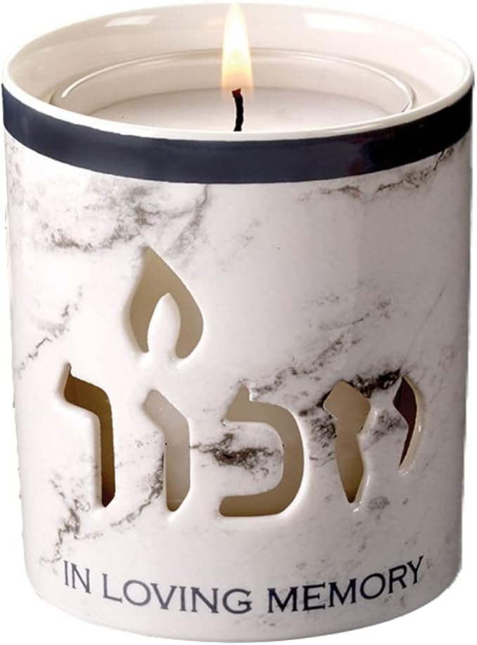 Rite Lite White Marble Ceramic Yizkor Memorial Candle Holder - 3” H - Yahrzeit Luminaria for Jewish Memorial Services, in Loving Memory Tribute - Elegant Design for Remembrance and Mourning