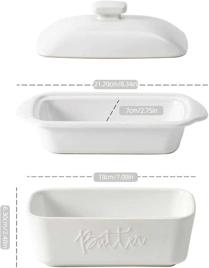 FE Butter Dish, 10 oz Ceramic Butter Keeper with Water Line, French Butter Dish with Lid for Countertop (White)