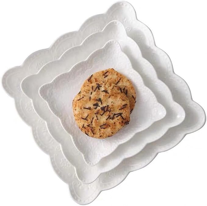 Eplze YBK Tech Elegant Square Embossed Lace Plate Bone China Dessert Plate Ceramic Plate for Breakfast Afternoon Tea (White, 6-inch)