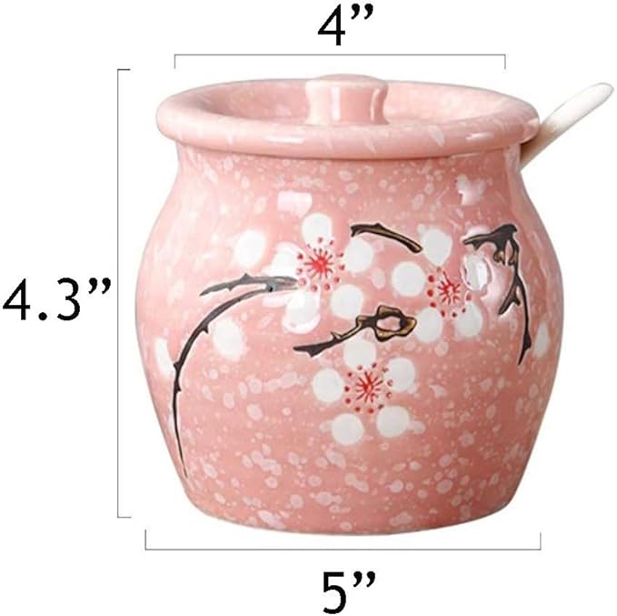 Ceramic Flower Sugar Bowl Seasoning Pot Salt Storage Jar with Lid Spoon