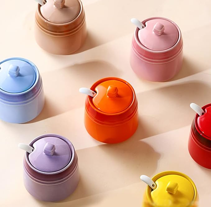 Colourful Ceramic Spice Jar Seasoning Box Condiment Pot Sugar Bowl with Lid Spoon-Orange