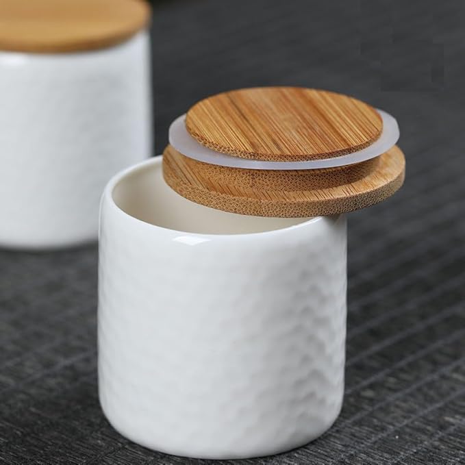 luzen 2Pcs Empty Small Ceramic Kitchen Food Tea Storage Canister Travel Portable Coffee Sugar Loose Tea Sealed Jar Pot Containers with Bamboo Lid for Storage Spices Powder Loose Tea Coffee, White