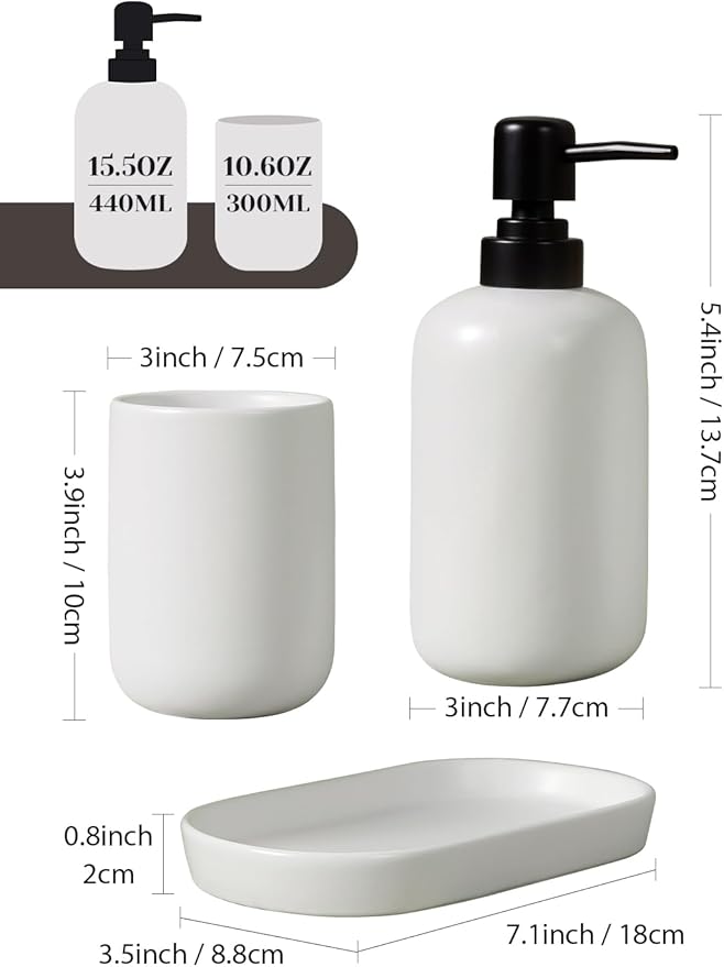 INGOFIN 3 Pcs Ceramic Bathroom Accessory Set - Liquid Soap Dispenser, Toothbrush Holder & Tray, Bathroom Counter Set, Countertop Essentials for Home, Guest Bathroom, or Office Use, White