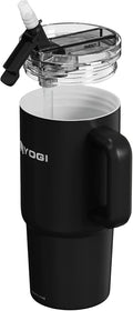 YOGI Ceramic Lined Metal Allergy Safe 24oz Tumbler with Handle and Straw Leakproof Flip & Sip Lid Vacuum Insulated Stainless Steel Travel Cup for Iced Coffee Water and All-Day Hydration 24oz Onyz