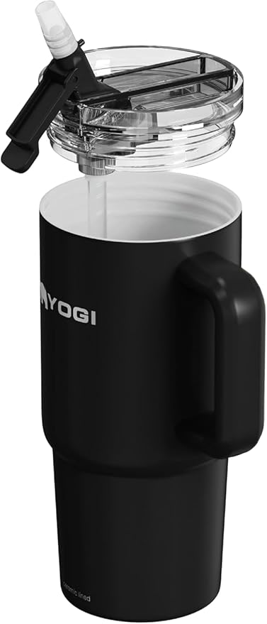 YOGI Ceramic Lined Metal Allergy Safe 24oz Tumbler with Handle and Straw Leakproof Flip & Sip Lid Vacuum Insulated Stainless Steel Travel Cup for Iced Coffee Water and All-Day Hydration 24oz Onyz