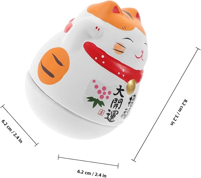 Ceramic Lucky Cat Figurine White Wobble Tumbler Cat Ornament Japanese Style Decorative Table Decor Gift for Home and Office