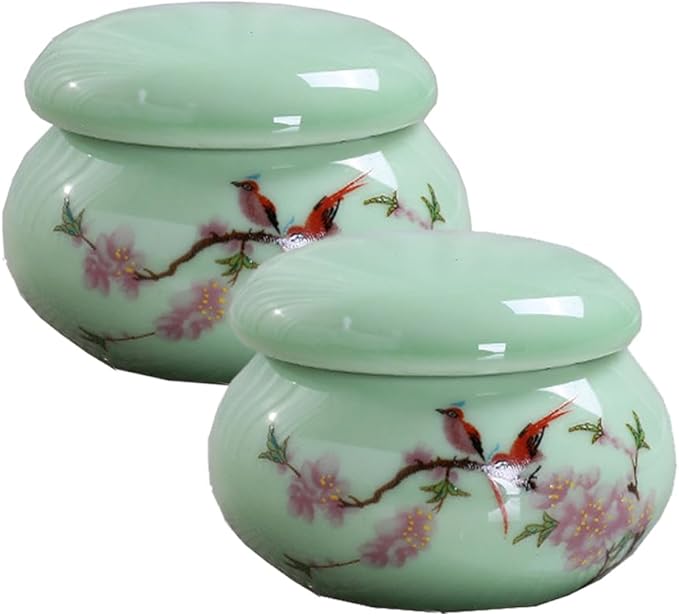 2Pcs Empty Mini Cute Ceramic Bottle Canisters Flower Pattern Portable Travel Loose Tea Pot Jar Contanier with Lid for Storage Spices Powder Cream Lotion Loose Tea, Green