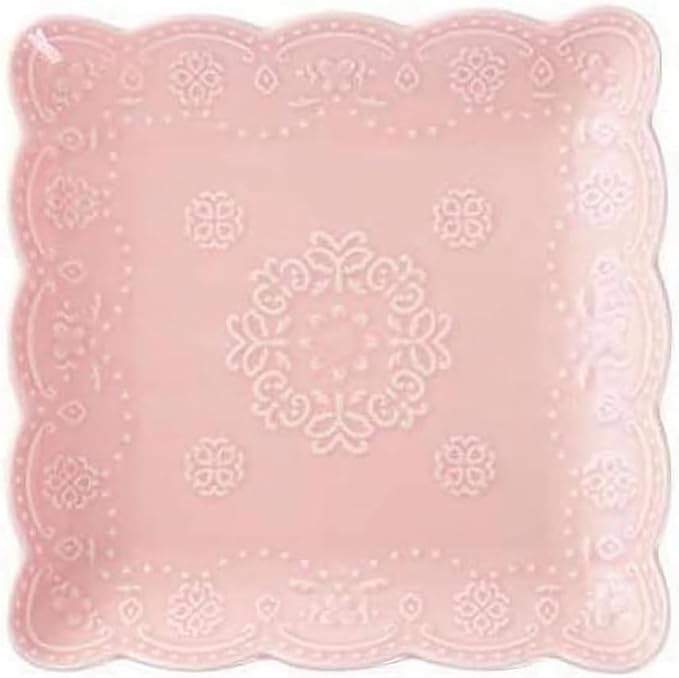 Eplze YBK Tech Elegant Square Embossed Lace Plate Bone China Dessert Plate Ceramic Plate for Breakfast Afternoon Tea (Pink, 6-inch)