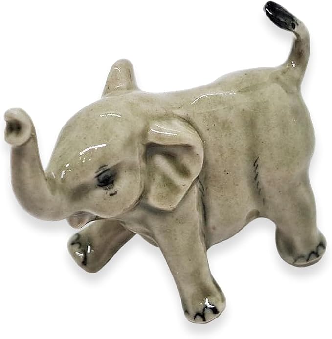 ChangThai Design Tiny 1¾" Light Gray Baby Elephant Walk Lift Trunk Figurine - Miniature Hand Made Painted Ceramic Asian Elephants Cute Wild Animals Porcelain Decorative Collectible Figures Décor Gifts