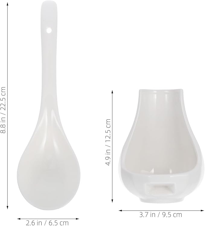 Luxshiny Large Ceramic Soup Spoon with Spoon Rest Porcelain Rice Porridge Ladle for Kitchen Serving and Tabletop Utensil Holder 8.85X2.55X0.78In
