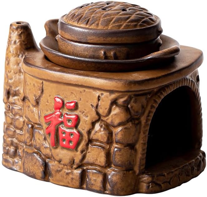 Traditional Chinese Ceramic Incense Burner and Tea Warmer, Brown Stone-Like Finish, 3.94x3.15x3.35 Inches, Multi-Purpose Design with Tea Roasting and Aromatherapy Functions (Stovetop Steamer Style)