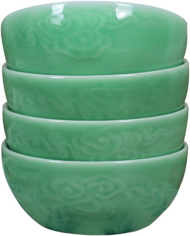 Chinese Rice Bowls 10-Ounce 4.5 inch Celadon Glazed Cereal Bowl Embossed with Auspicious Clouds Porcelain(Set of 4) (Green02)