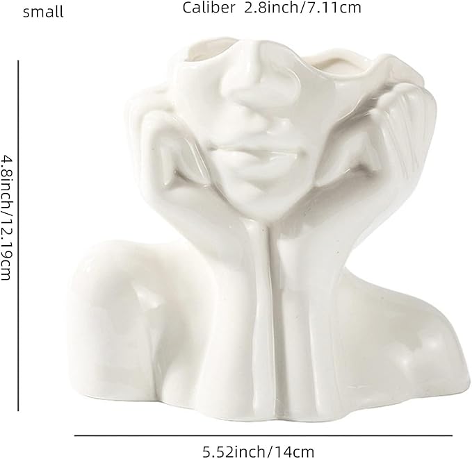 Ceramic Face Vase - Cute Half-Body Female Head Planter for Flowers, Modern Farmhouse Decor - Perfect for Desk, Table & Bookshelf, Home Accent (Small)