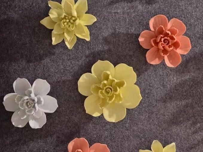 Ceramic 3D Wall Art, Artificial Flower Wall Decor, Handmade Porcelain Wall Hanging Sculpture, Orange Jasmine Flower, 2.8"L x 2.8"W, Matte Finish, Unframed, Wall Mount, Living Room Office Decor