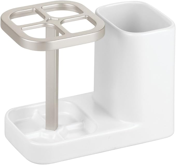 iDesign Sedona Ceramic Toothbrush and Toothpaste Holder for Bathroom Vanity Countertop or Medicine Cabinet -5.75" x 3.10" x 4.49", Satin White/Nickel