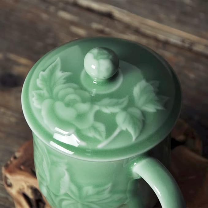 Teacups 13oz Coffee Mugs with Lid Porcelain Cups Embossed with Peony Chinese Celadon(01-Green)