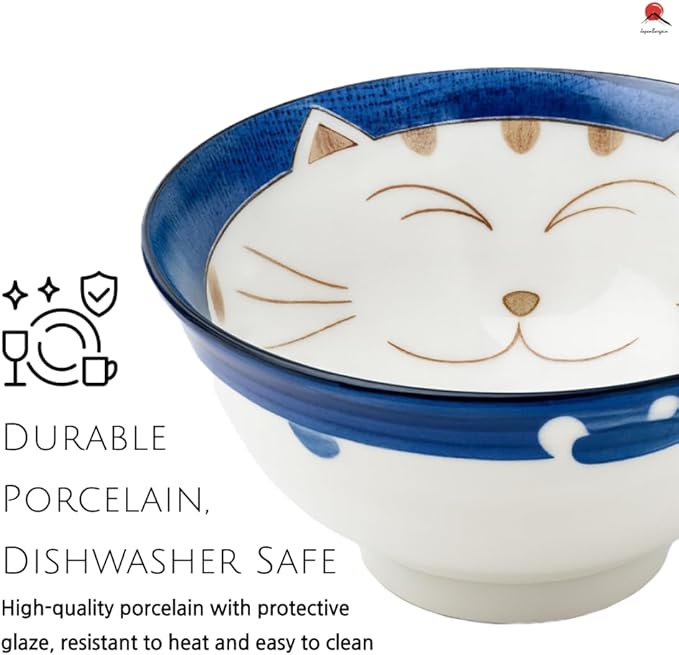 JapanBargain, Set of 4 Japanese Porcelain Bowls Serving Soup Rice Noodle Udon and Salad, Maneki Neko Smiling Cat Pattern, 18 fl.oz, 6-inch, Blue Color, Made in Japan
