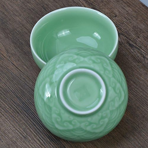 Chinese Rice Bowls 10-Ounce Celadon Glazed 4.5Inch Cereal Bowl with Emblazonry(Set of 4) (Green01)
