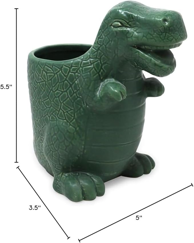 Isaac Jacobs Green Ceramic Dinosaur Cup, Toothbrush Holder, Multi-Purpose Organizer, – Great for Toiletries, Bathroom, Kitchen, Crafts, Desk, Novelty Bathroom Accessory (Single Cup, Green)