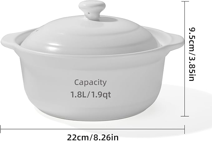 Korean Dolsot Pot Set, Bowl with Lid, for Cooking Bibimbap, Kimchi, Hot Pot, Soups and Stews, Oven and Dishwasher Safe, 1.9 Quart, White