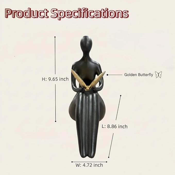 Black Abstract Sitting Figurine with Gold Butterfly – Modern Resin Sculpture for Shelf, Desk, Living Room & Office Decor, Minimalist Shelf Sitter Statue for Home Decoration