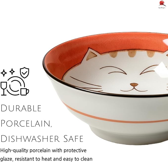 JapanBargain Set of 2 Japanese Porcelain Bowls, Large 7.5 Inch Ramen Udon Noodle Rice Soup Pho Poke Cereal Bowl, Maneki Neko Smiling Lucky Cat Pattern, Pink, Made in Japan