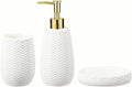 Whiet and Gold Bathroom Accessories Set, 3pcs Ceramic Farmhouse Decor, Complete countertop Bathroom Decor with soap Dispenser，Toothbrush Holder and soap Dish for Stylish Bathroom Organization