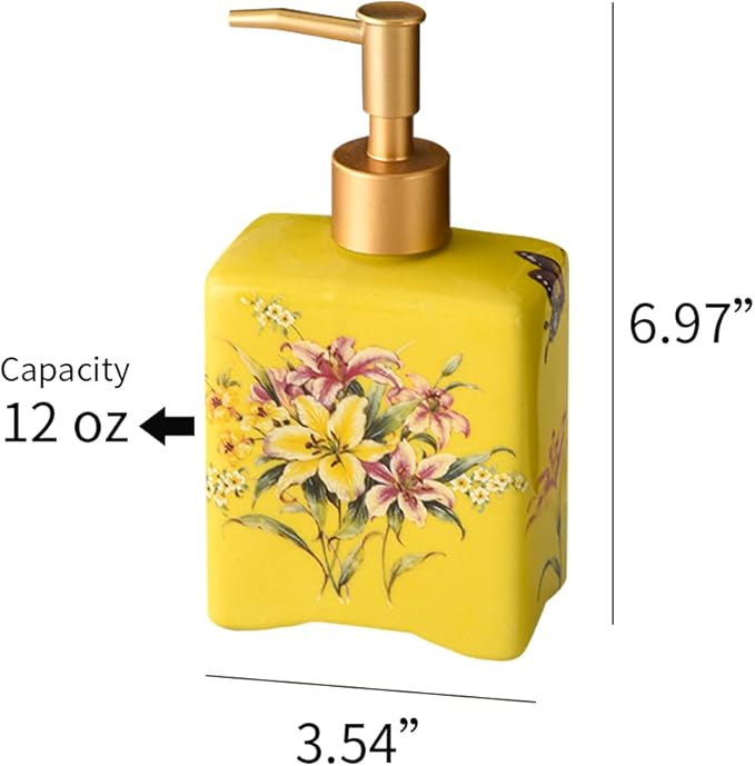 WAYUTO 12 Oz Vintage Soap Dispenser Ice Crack Ceramic Liquid Soap Dispenser Lotion Pump Bottle for Kitchen Countertop Bathroom Decorative Antique Floral Porcelain Hand Soap Dispenser Yellow Lily