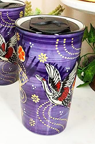 Ebros Oriental Japanese Design Double Walled Porcelain Ceramic Tall Hot Or Cold Drink Travel Mug Cup 12oz With Straw Or Sip Holed Cover Lid (Purple Japanese Crane With Oriental Fans)