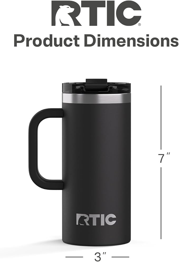 RTIC 16oz Road Trip Travel Mug with Lid and Handle, Ceramic Lined, Insulated, Stainless Steel, Metal, Double Wall Vacuum-Insulation, Portable Coffee, Tea Cup for Hot and Cold Drink, Black