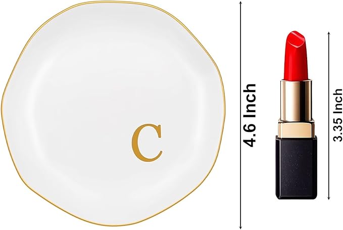 Ceramic Jewelry Tray, Personalized Initial Ring Dish, Elegant Trinket Tray for Rings Earrings Bracelet Necklaces, White Decorative Jewelry Holder for Women Vanity, 4.5 Inch, Letter C