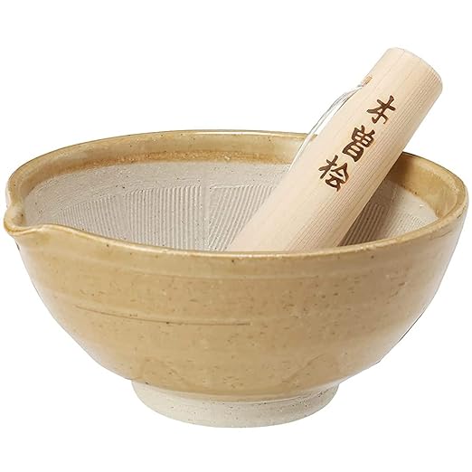 TIKUSAN Ceramic Ripple Ridge Mortar & Pestle (Suribachi & Surikogi) Set with Spout Made in Japan Mino Ware (Medium Brown)