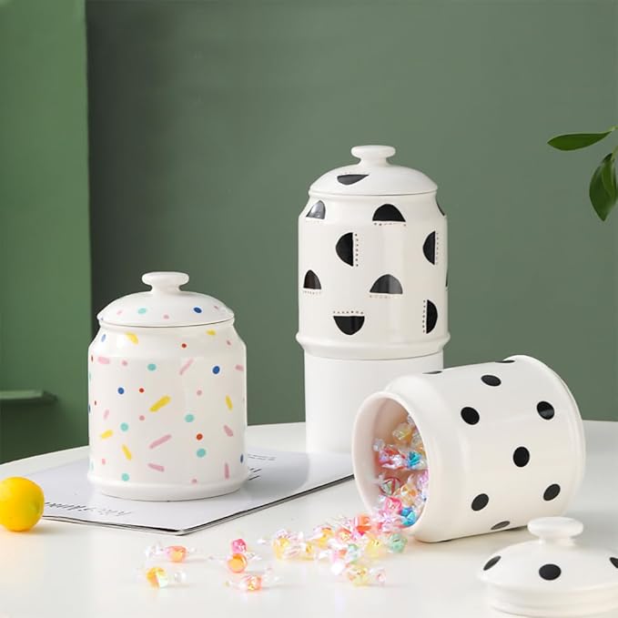 WAIT FLY Ceramic Tea Caddy Tea Canister Large Capacity Food Storage Jar Container for Tea, Coffee, Herb, Sugar, Spice, Nuts-Color Dots-33 OZ